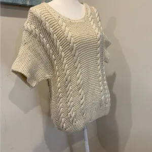 Cream Cable Knit Short-Sleeve Sweater homemade knit womens size xs ptp 17” L 24” thumbnail 2