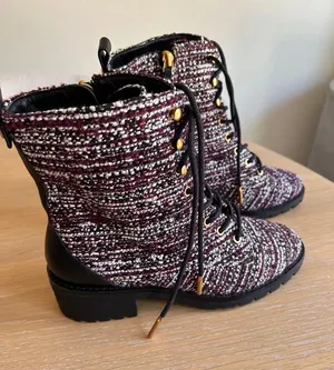 Tory Burch Miller Combat Tweed & Leather Lace Up Booties Burgundy/White 7.5 NWOT thumbnail 1