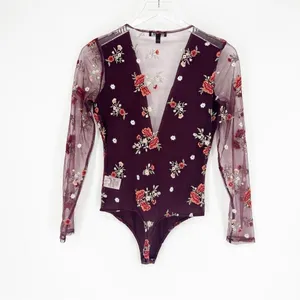 Express Mesh Floral Embroidered Long Sleeve V-Neck Bodysuit Women's‎ XS Coquette thumbnail 3