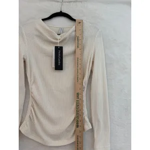 PrettyGarden Ribbed Cowl Neck Top Women Small Cream Long Sleeve Ruched Side NWT thumbnail 8