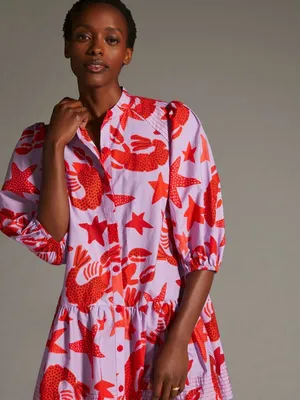 FARM RIO Red Starfish & Lobster Print Puff Sleeve Mini Dress Sz M thumbnail 8