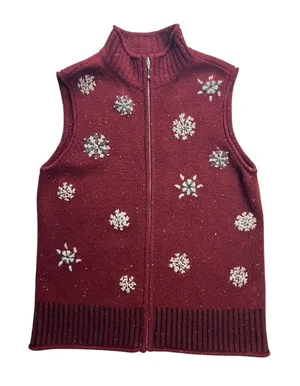 Hannah‎ Womens Large Red Wool Blend Snowflake Full Zip Sweater Vest Mock Neck thumbnail 1
