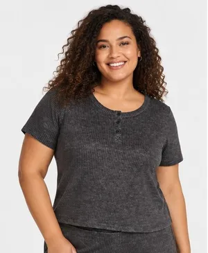 Jockey Womens Luxe Lounge Henley Size XL Dark Gray Brushed Ribbed Crop Top thumbnail 1