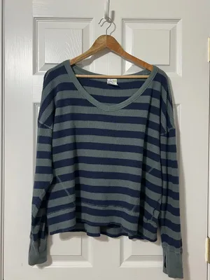 Aerie OFFLINE Wow Oversized Waffle Thermal Top Size Small Striped Green Blue thumbnail 2