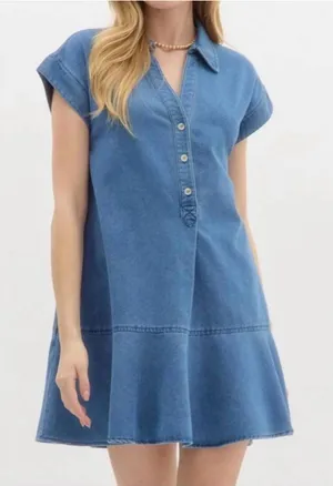 Entro Stay Close Denim Drop Waist Collared Button Front Mini Dress Blue M thumbnail 1