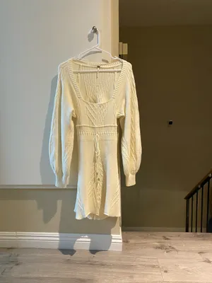 Free People Cream Long Sleeve Sweater Knit mini dress, size S thumbnail 3