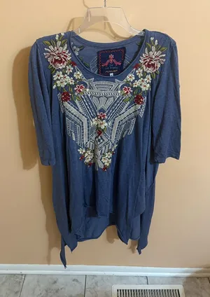 Johnny Was blue floral embroidered tunic dress thumbnail 1