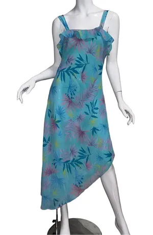 Vintage 90s Summer Floral Asymmetric Hem‎ Ruffle Midi Dress Y2K Resort Beach thumbnail 1