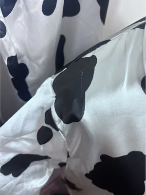 Satin Cow Animal Print 2-Piece Pajama Set Button Front Collared Black/White thumbnail 3