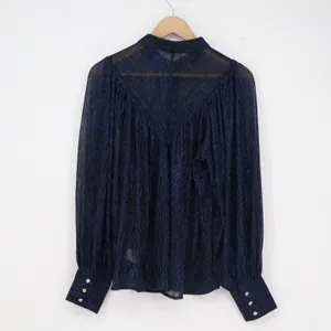 Olivaceous Navy Blue Metallic Pleated Mock Neck Blouse Rose Buttons S thumbnail 5