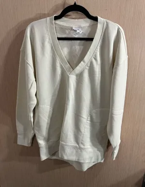 Women’s Champion Cream Cotton Oversized V-Neck Pullover Sweatshirt Size XS thumbnail 1