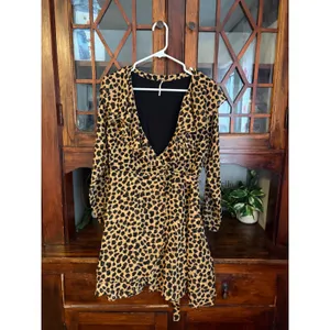 Free People Frenchie Leopard Print Ruffle Wrap Mini Dress Brown Black XS thumbnail 2