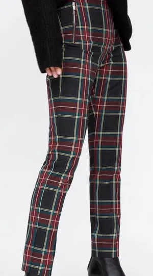 Zara Plaid Straight-Leg Women's Pants in Black & Red thumbnail 1