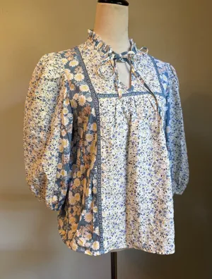 Solitaire Blue Floral Patchwork Ruffle Puff Top shirt blouse crochet boho cottag thumbnail 1