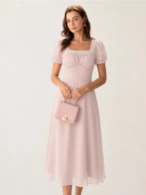 Rihoas Elegant Puff Sleeve Midi Dress in Light Pink thumbnail 2