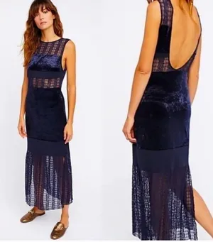 Free People Intimately Keep In Line Navy Crush Velvet Lace Boho Midi Maxi Dress thumbnail 2
