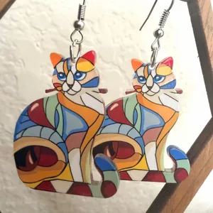 Colorful Stained Glass Style Cat Dangle Earrings thumbnail 1