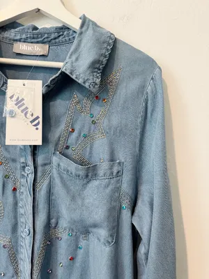 Blue B Chambray Embroidered Tunic Shirt Size Medium Rhinestone Studded Western thumbnail 10