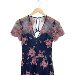 Lovers + Friends Shoreline Maxi Dress Navy Pink Lace Size Small Sheer Floral thumbnail 3