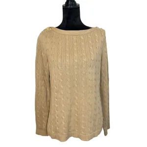 Lauren Ralph Lauren Camel Cable Knit Sweater Gold Buttons XL Boat Neck Old Money thumbnail 2