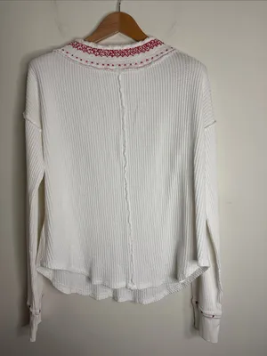 Free People Embroidered Holly Henley Thermal Waffle Knit White HenleyTee size L thumbnail 3
