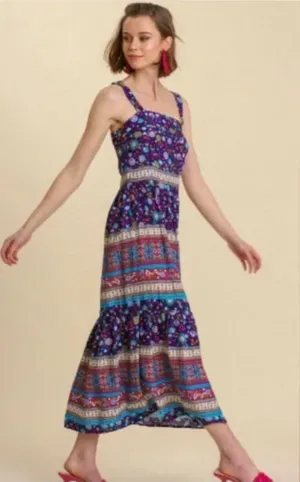 Umgee Size-L Boho Tiered Maxi Dress‎ | Blue Floral Paisley thumbnail 1