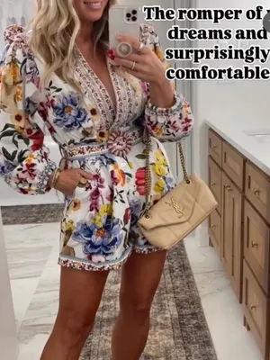 Farm Rio Greek Garden Long Sleeve Plunge Neck Cotton Romper S thumbnail 5
