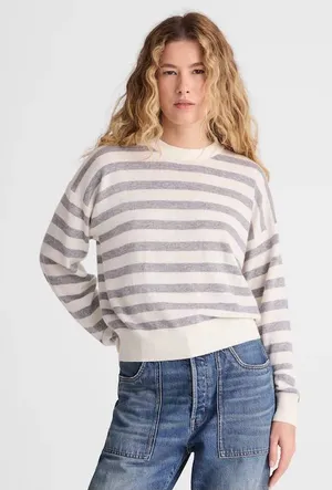 NWT Madewell Cashmere Crewneck Sweater in Ivory & Heather Grey Stripe size xxs thumbnail 1