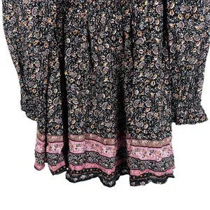 NWT Wonderly Desert Wonderer Floral Paisley Mini Dress Black Boho Smocked Size L thumbnail 3