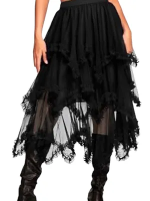 Black Tulle Asymmetrical Midi Skirt Ruffle Lace Trim Dark Romantic Goth Lolita thumbnail 1