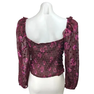 ASTR The Label Red Maroon Floral Sheer Long Sleeve Crop Blouse Top Size M thumbnail 2