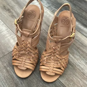 TORY BURCH Nadia brown woven leather logo detail huarache sandals heels 9.5 thumbnail 2