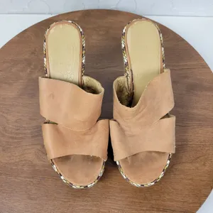 Nine West Womens Jaimy Sandals 7 Tan Leather Open Toe Cork Platform Wedge Heels thumbnail 5