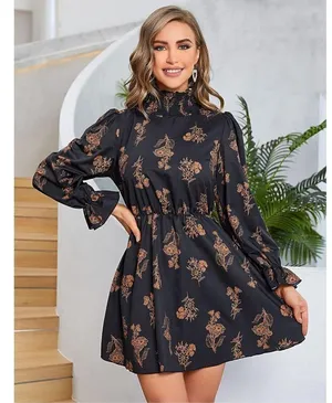 NEW Floerns Mock Neck Long Sleeve Floral Print Ruffle Mini Dress L thumbnail 4