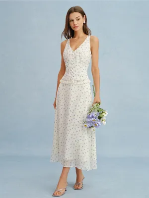 Rihoas Beige V Neck Floral Chiffon Tank Top thumbnail 6