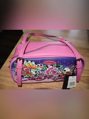 Ed Hardy Pink Shoulder Bag Tattoo Skull Rose Butterfly Rhinestone Barrel Satchel thumbnail 2