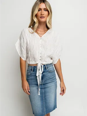 Boheme Alma Smocked SS Blouse White Boxy Summer Buttons Crisp Boho NWT thumbnail 2
