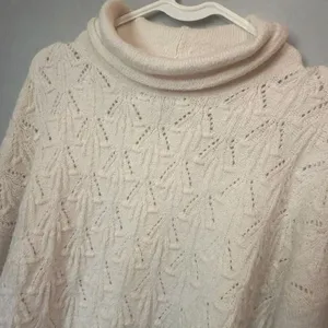 Lucky Brand Pointelle Turtleneck Cable Knit Bell Sleeve Sweater Ivory XS #1300 thumbnail 5