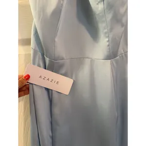 Azazie Rue Sky Blue Mermaid Pleated Metallic Satin Dress A6 Size 6 New with Tags thumbnail 6