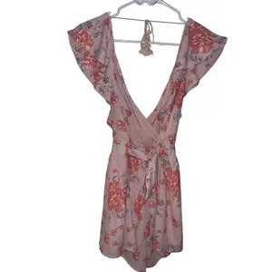 Angel Biba Open Back Orange Floral‎ Romper Ruffle V Neck Tassle Back Ties Size 8 thumbnail 4