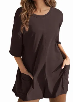 Woman’s Oversized Reversible Romper with Pockets Short Sleeve, Brown Woman’s S thumbnail 1