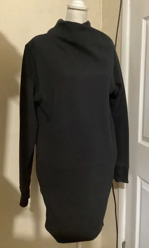 Athleta Black Fleece Wrap Neck Sweatshirt Dress Long Sleeve Thumbholes Womens M thumbnail 1