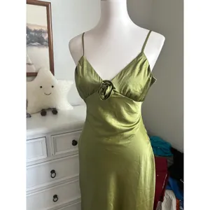 Satin Green Rosette Maxi Dress Floral Slip Olive Lime Formal Evening Gown thumbnail 4