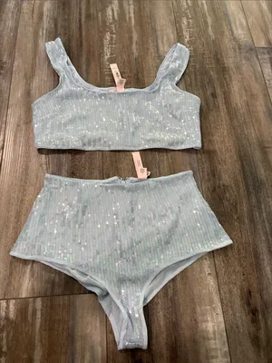 Victorias Secret Iridescent Sequin 2 Piece Set Lingerie Crop Top Panty Blue NEW thumbnail 6