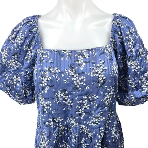 Mango MNG Blue Floral Square Neck Short Puff Sleeve Smocked Mini Shift Dress 6 thumbnail 3