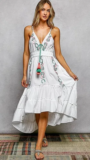 POL Embroidered Detail Tassel Tie Smocked Waist Midi‎ Tiered Cami Dress - Medium thumbnail 1