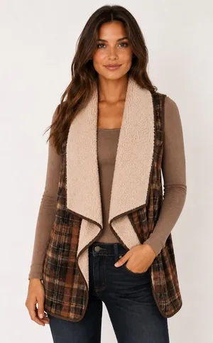 Jodifl‎ Plaid Sherpa Lined Longline Vest Cardigan Cozy Quiet Luxury Brown Camel thumbnail 1