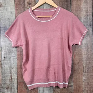 Pink Blush Preppy Knit Sweater Tee White Trim Soft Girl Top Medium Viscose thumbnail 1