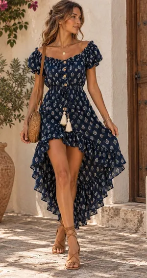 Vintage Havana Navy Floral Off Shoulder Ruffle High Low Maxi Dress Small Boho thumbnail 1