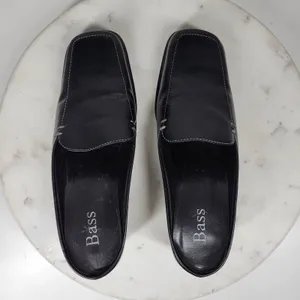 VTG Bass Artist Mules Womens 6 Black Leather Slip On Square Toe Block Heel 2003 thumbnail 5